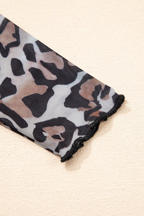 Mock Neck Sheer Mesh Leopard Print Long Sleeve Top
