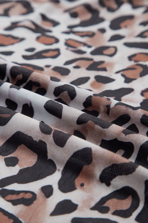 Mock Neck Sheer Mesh Leopard Print Long Sleeve Top
