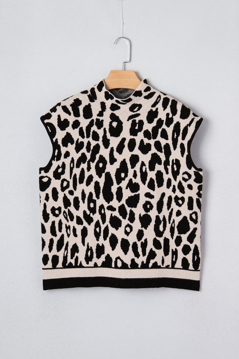 Mock Neck Sleeveless Animal Print Knit Sweater Top