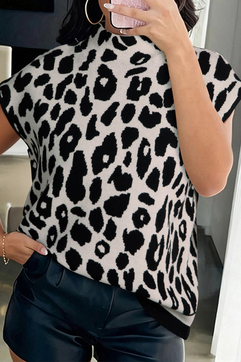 Mock Neck Sleeveless Animal Print Knit Sweater Top