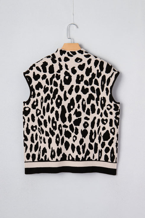 Mock Neck Sleeveless Animal Print Knit Sweater Top