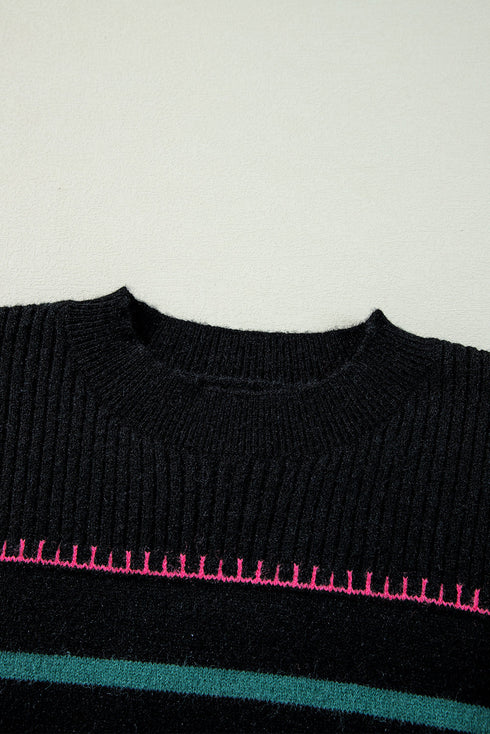 Mock Neck Stitch Detail Striped Knit Sweater