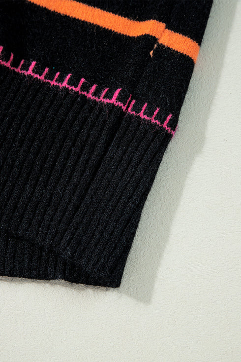 Mock Neck Stitch Detail Striped Knit Sweater