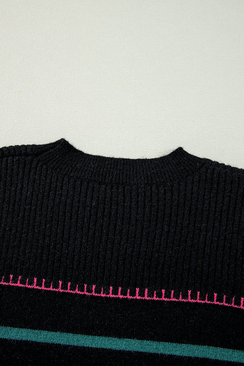 Mock Neck Stitch Detail Striped Knit Sweater
