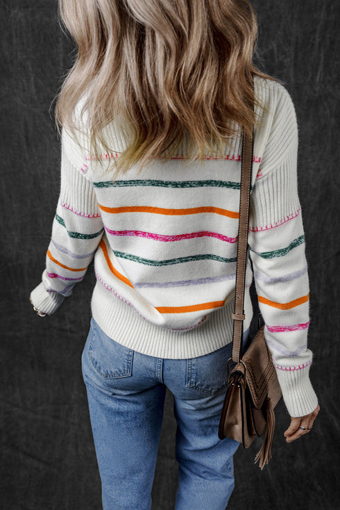 Mock Neck Stitch Detail Striped Knit Sweater