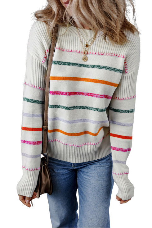 Mock Neck Stitch Detail Striped Knit Sweater