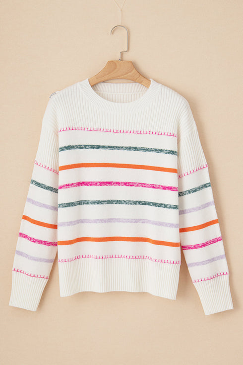 Mock Neck Stitch Detail Striped Knit Sweater