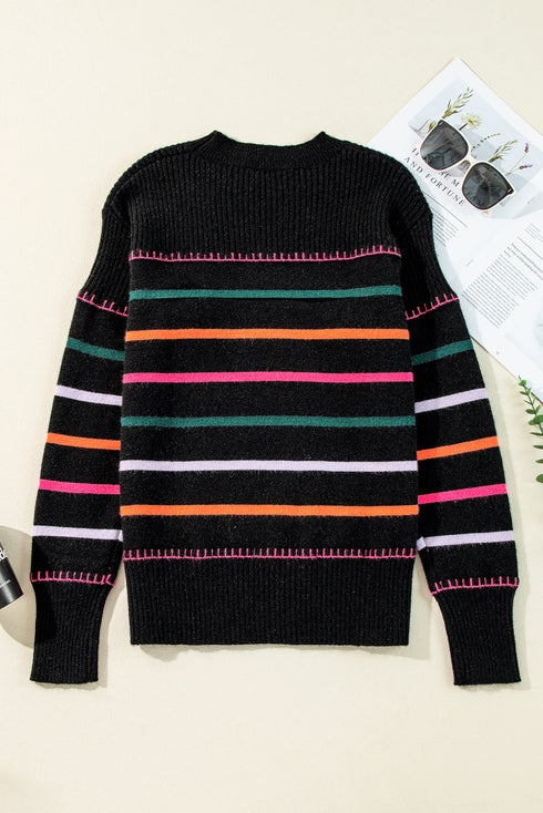 Mock Neck Stitch Detail Striped Knit Sweater