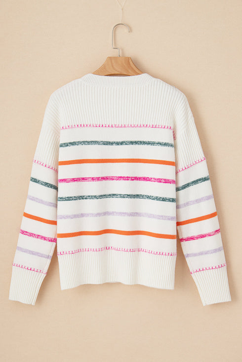 Mock Neck Stitch Detail Striped Knit Sweater