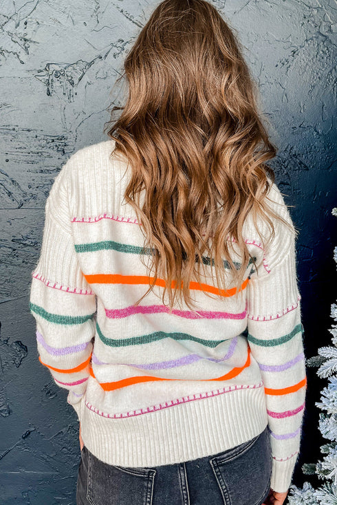 Mock Neck Stitch Detail Striped Knit Sweater