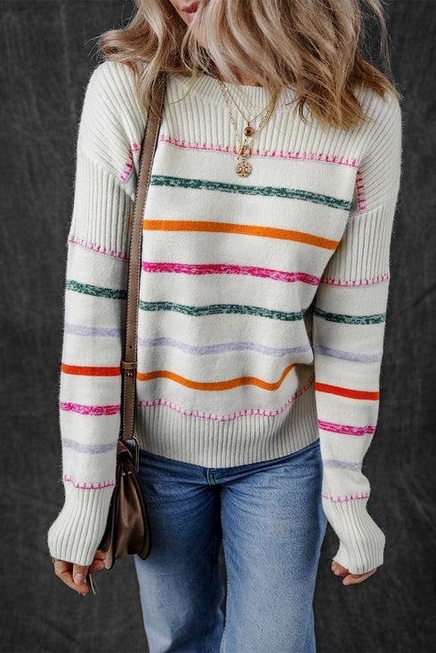 Mock Neck Stitch Detail Striped Knit Sweater