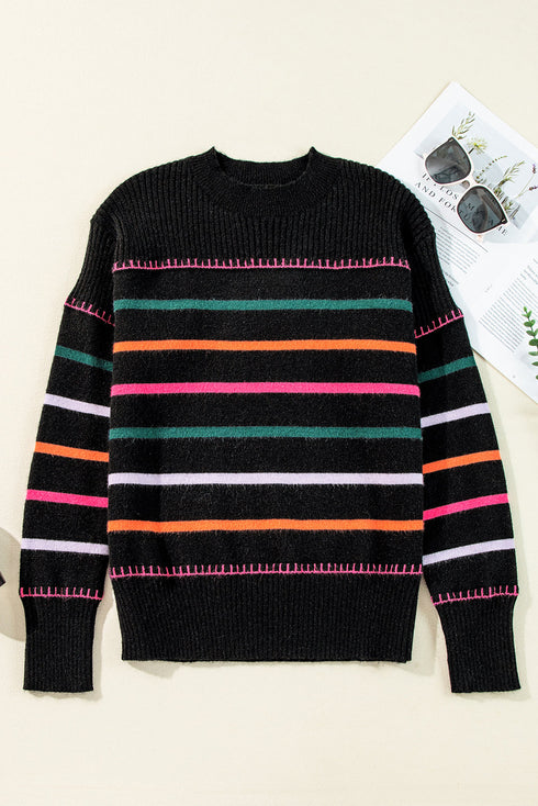 Mock Neck Stitch Detail Striped Knit Sweater