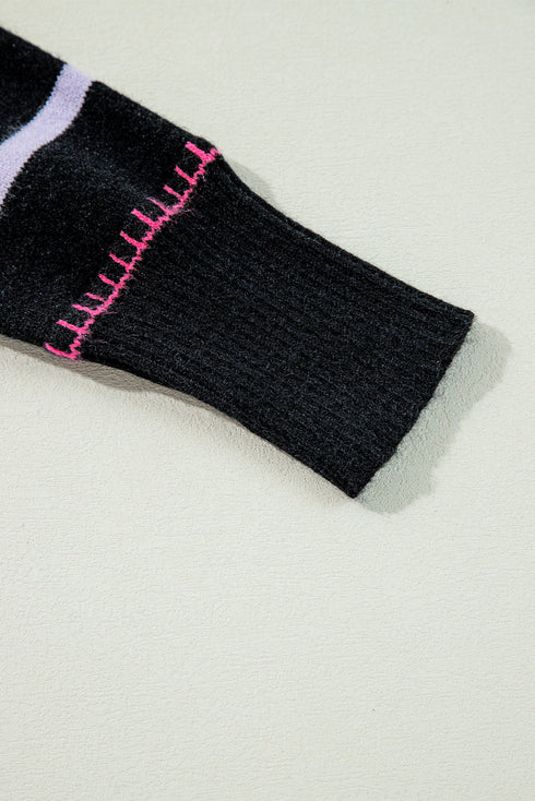 Mock Neck Stitch Detail Striped Knit Sweater