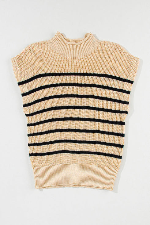 Mock Neck Striped Cap Sleeve Knit Sweater Top