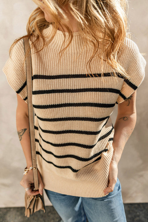 Mock Neck Striped Cap Sleeve Knit Sweater Top