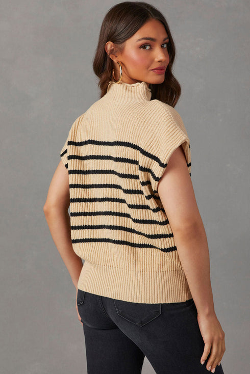 Mock Neck Striped Cap Sleeve Knit Sweater Top