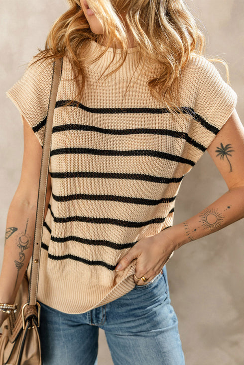 Mock Neck Striped Cap Sleeve Knit Sweater Top