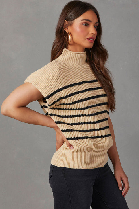 Mock Neck Striped Cap Sleeve Knit Sweater Top