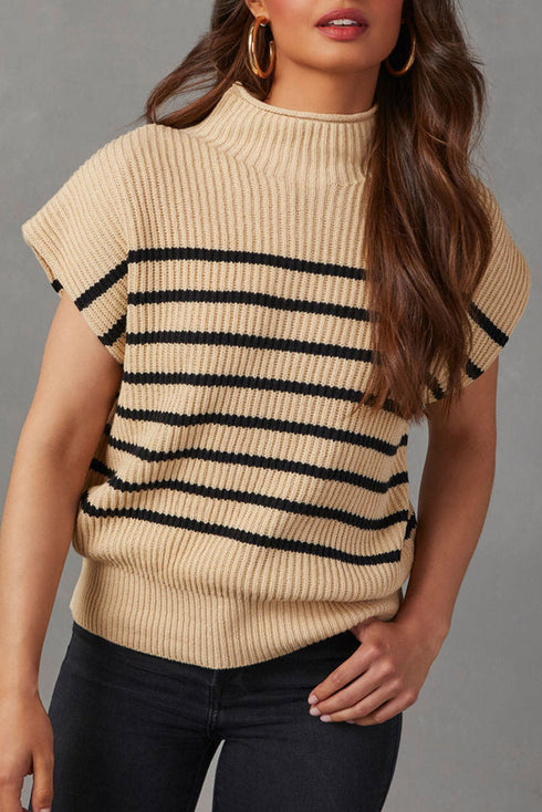 Mock Neck Striped Cap Sleeve Knit Sweater Top