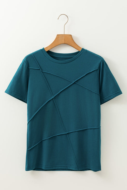 Modern Asymmetric Panel Geometric Seamed Short Sleeve Top
