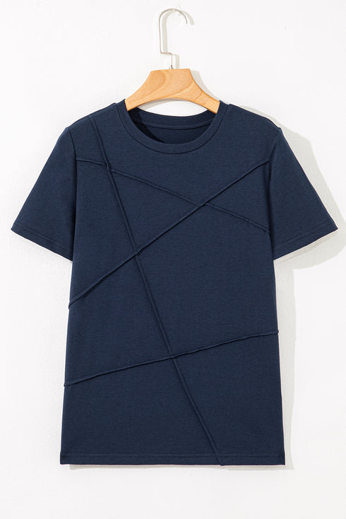Modern Asymmetric Panel Geometric Seamed Short Sleeve Top