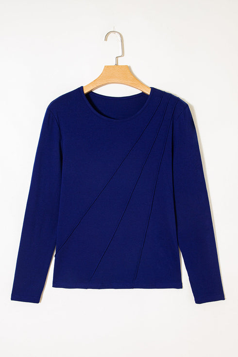 Modern Asymmetric Seam Detail Round Neck Long Sleeve Top