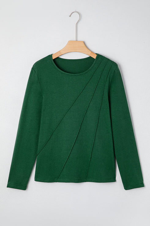 Modern Asymmetric Seam Detail Round Neck Long Sleeve Top