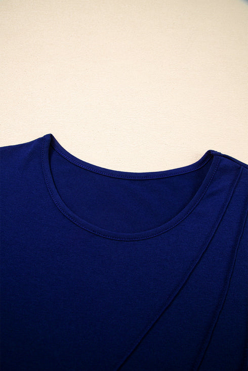 Modern Asymmetric Seam Detail Round Neck Long Sleeve Top