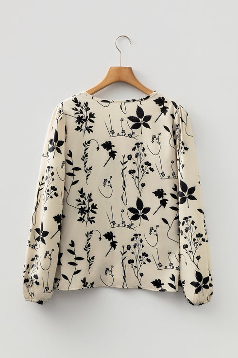 Modern Botanical Print Split Neck Long Sleeve Blouse
