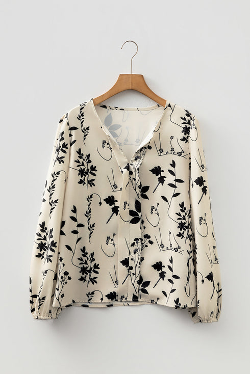 Modern Botanical Print Split Neck Long Sleeve Blouse