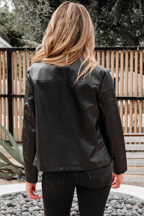 Modern Boxy Faux Leather Button Front Jacket