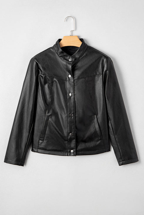 Modern Boxy Faux Leather Button Front Jacket