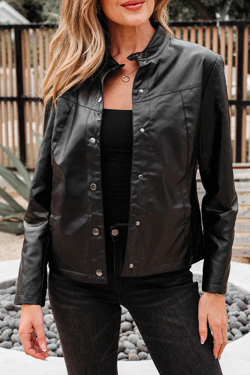 Modern Boxy Faux Leather Button Front Jacket