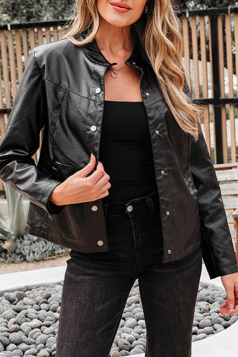 Modern Boxy Faux Leather Button Front Jacket