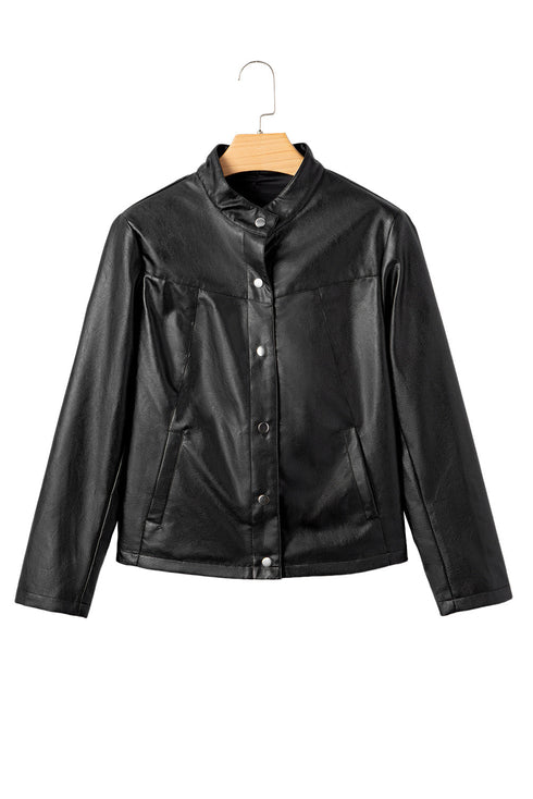 Modern Boxy Faux Leather Button Front Jacket