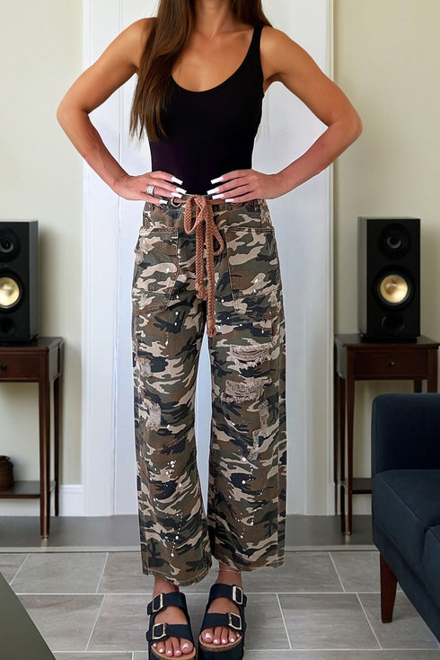 Modern Camouflage Print Distressed Wide Leg Denim Pants