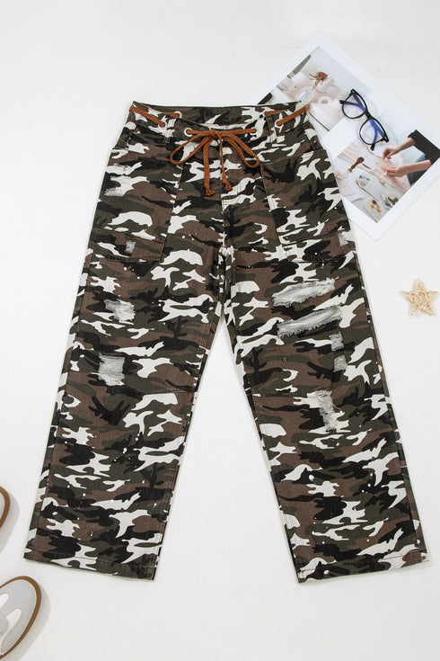 Modern Camouflage Print Distressed Wide Leg Denim Pants
