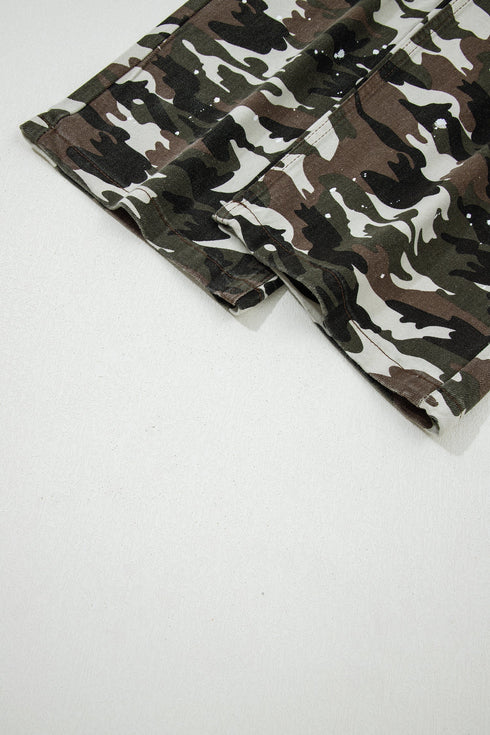 Modern Camouflage Print Distressed Wide Leg Denim Pants
