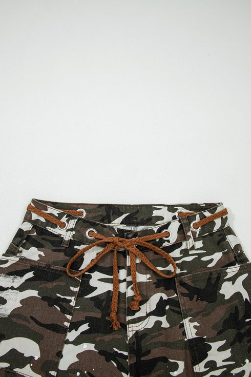 Modern Camouflage Print Distressed Wide Leg Denim Pants