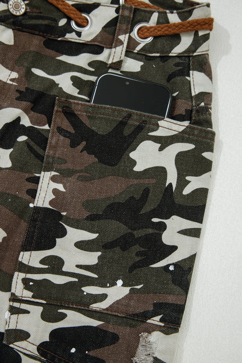 Modern Camouflage Print Distressed Wide Leg Denim Pants