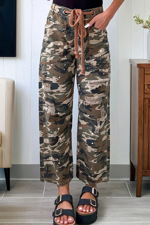 Modern Camouflage Print Distressed Wide Leg Denim Pants