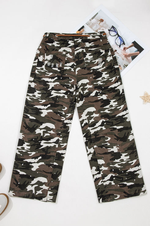 Modern Camouflage Print Distressed Wide Leg Denim Pants