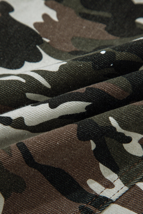 Modern Camouflage Print Distressed Wide Leg Denim Pants