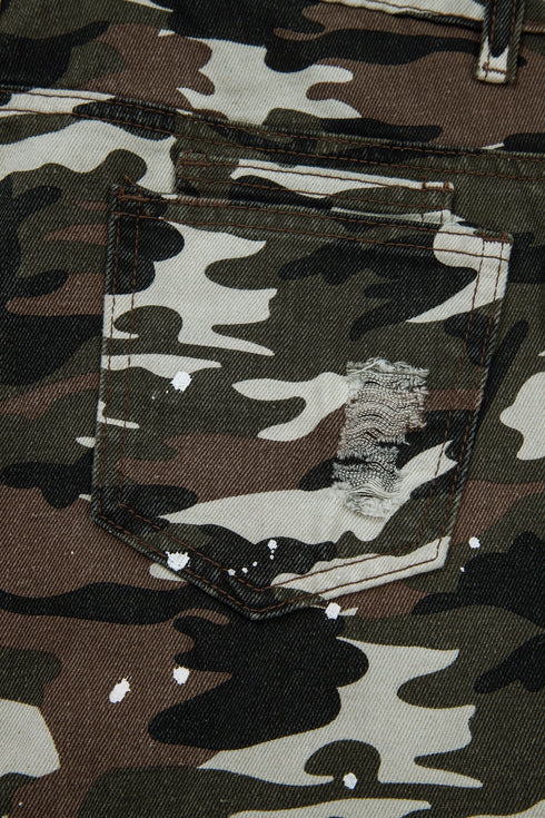 Modern Camouflage Print Distressed Wide Leg Denim Pants