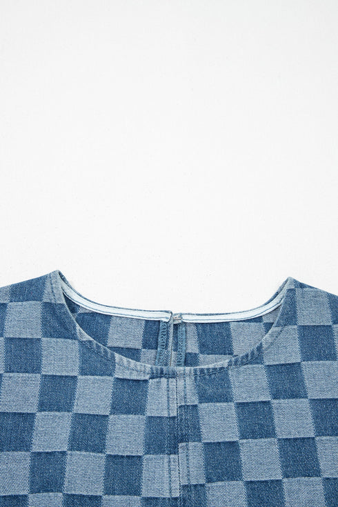 Modern Checkered Frayed Hem Denim Mini Dress