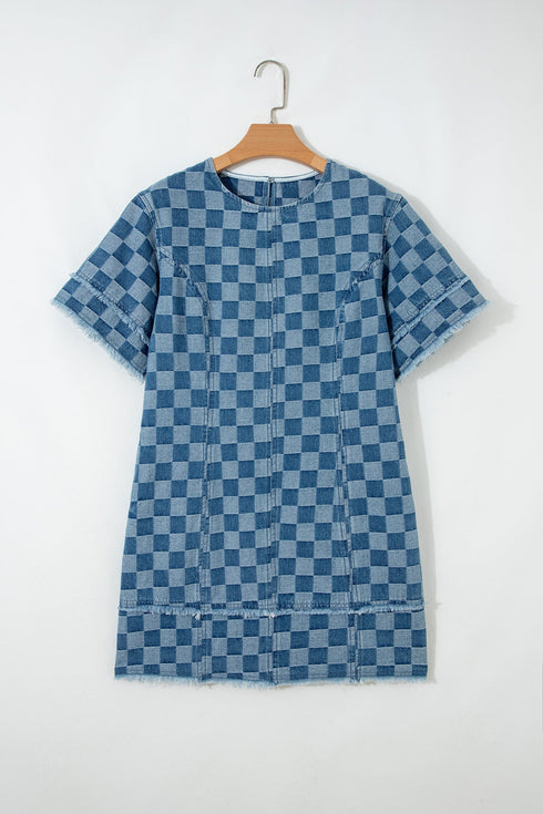 Modern Checkered Frayed Hem Denim Mini Dress