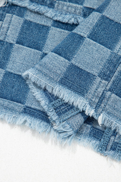 Modern Checkered Frayed Hem Denim Mini Dress