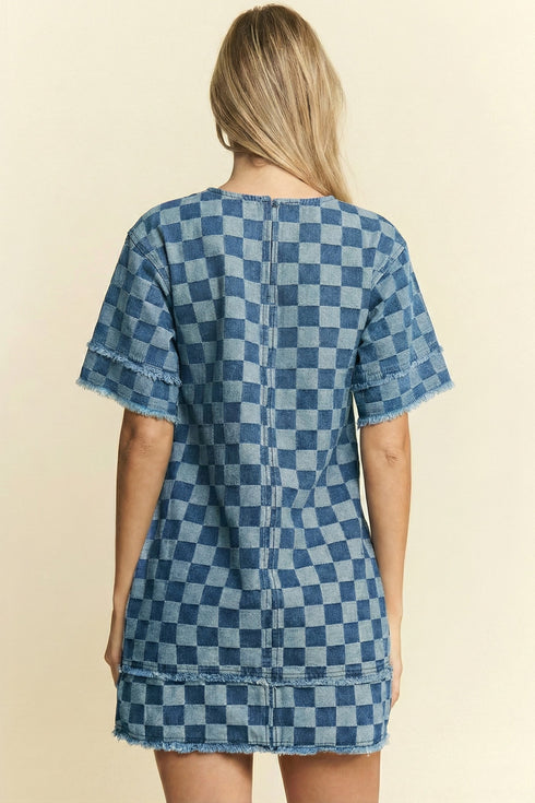 Modern Checkered Frayed Hem Denim Mini Dress