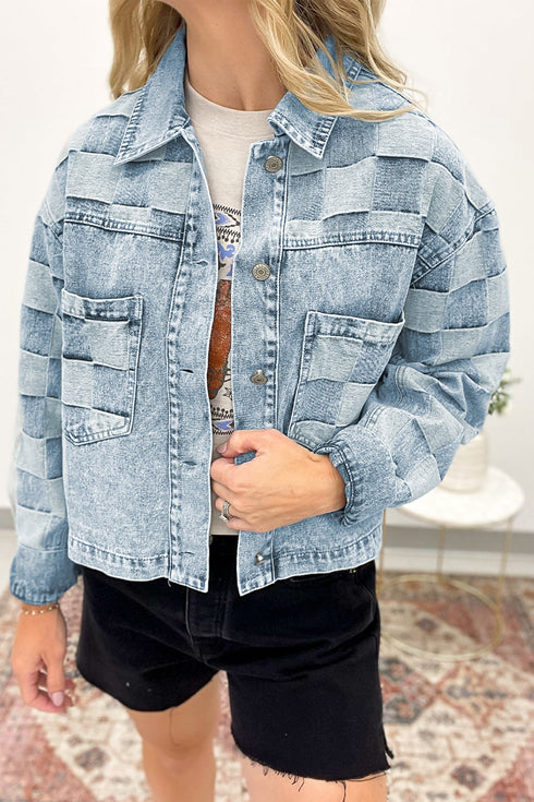 Modern Checkered Pattern Patchwork Denim Jacket