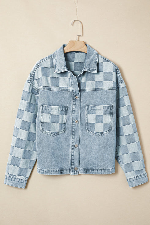 Modern Checkered Pattern Patchwork Denim Jacket